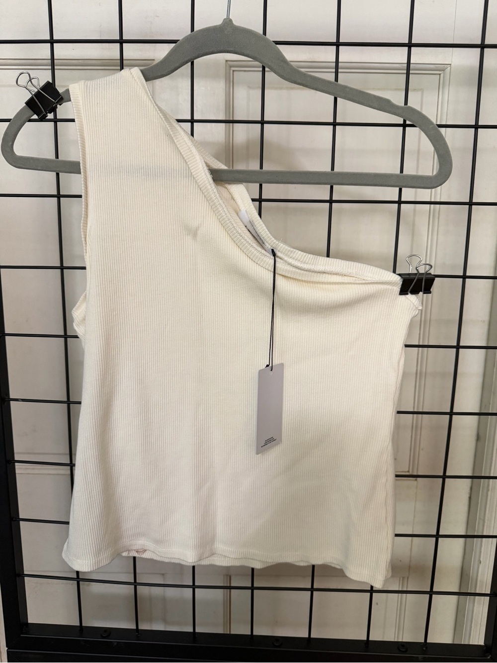 Asymmetric One-Shoulder Ribbed Camisole in Cream tencel blend